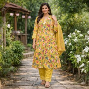Sunshine Yellow Floral Batik Print With Hand Embroidery Chudidhar Set with Palazzo Hakoba Design