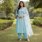 Aqua Blue Thread Embroidery Chudidhar Set with Dupatta