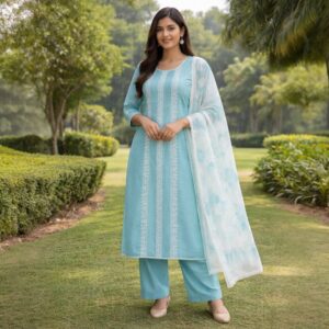Aqua Blue Thread Embroidery Chudidhar Set with Dupatta