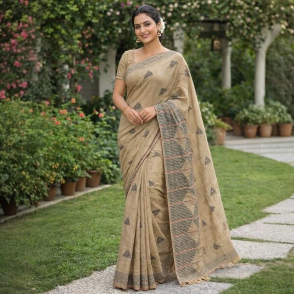 Classic Geometric Woven Motif Linen Cotton Saree