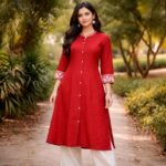 Classic Red Button-Down A-Line Kurti