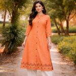 Rust Orange Embroidered A-Line Kurti