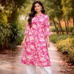 Pink Floral Printed A-Line Kurti