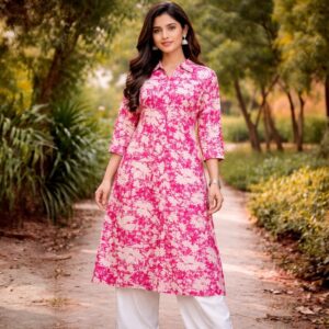 Pink Floral Printed A-Line Kurti