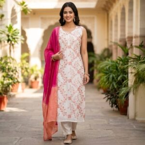 Gulabi Blossom Hand Embroidery Kurta  Set