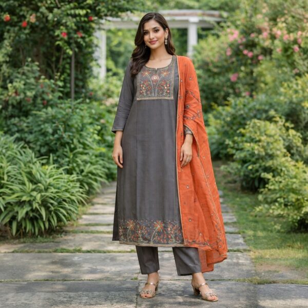 Elegant Charcoal Grey Embroidery Kurta Set