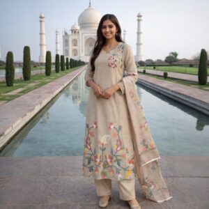 Beige Floral Batik Print With Hand Embroidery Chudidhar Set with Palazzo Hakoba Design