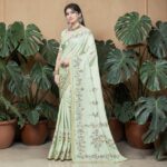 Mint Green Floral Printed Elegant  Tissue Silk Saree