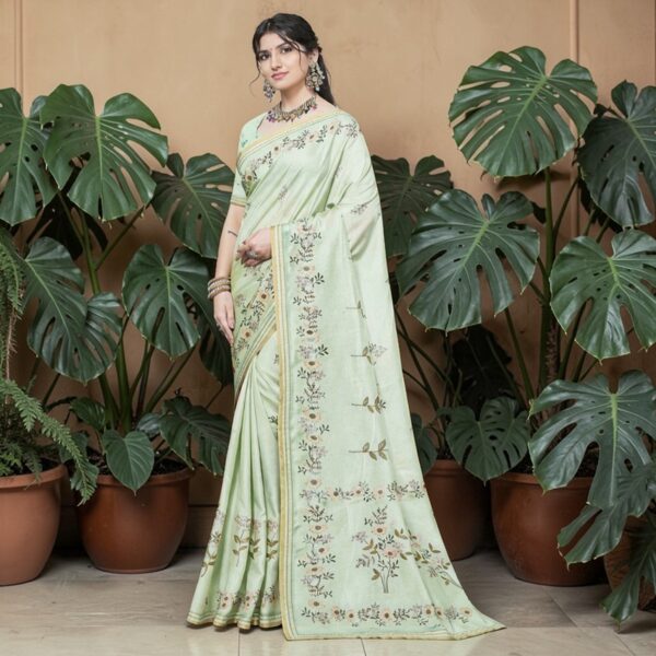Mint Green Floral Printed Elegant  Tissue Silk Saree