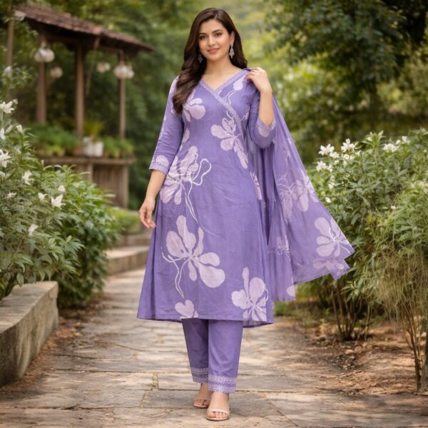 Lavender Floral Printed With Hand Embroidery Chudidhar  Set with Dupatta