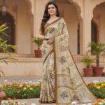 Beige Floral Printed Soft Silk Saree
