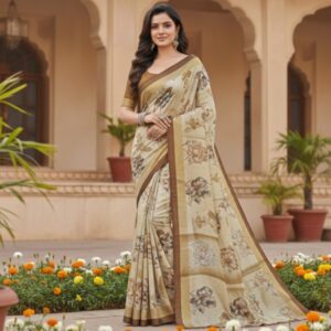 Beige Floral Printed Soft Silk Saree