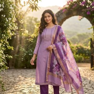 Lavender Mist Floral Silk Kurta Set