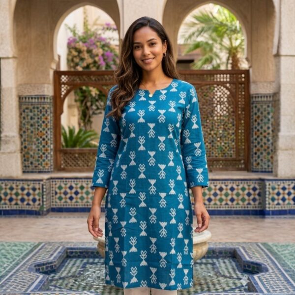 Teal Blue Ikat Printed Straight Kurta
