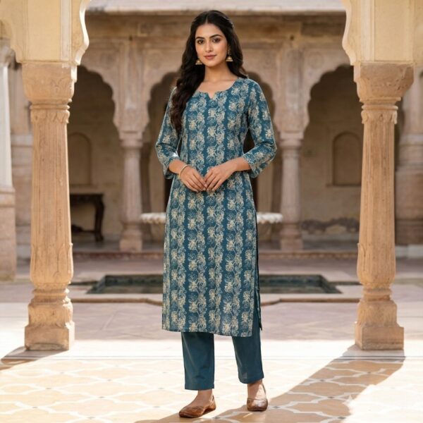 Teal Green Floral Printed Kurta Pant Set