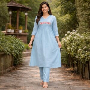 Sky Blue Cotton Slub Embroidery A-Line Kurta