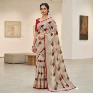 Beige Linen-Blend Saree with Maroon Floral Digital Prints