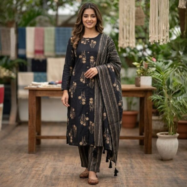 Midnight Bloom Block-Print Cotton Kurta with Striped Stole