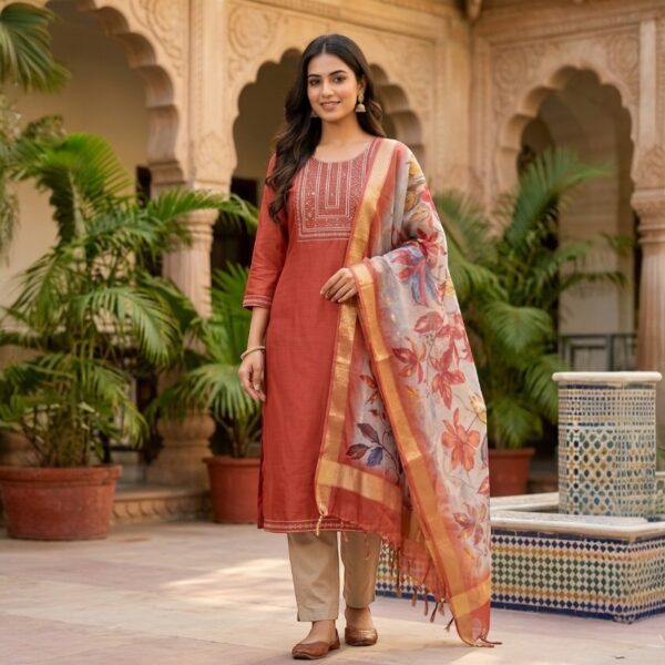 Rust Orange Embroidered Kurta Pant Set with Floral Dupatta