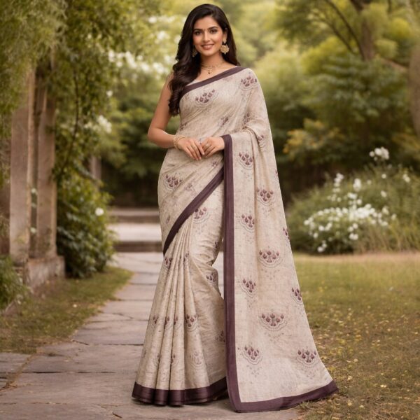 Royal Bloom Linen Cotton Saree With Brown Border