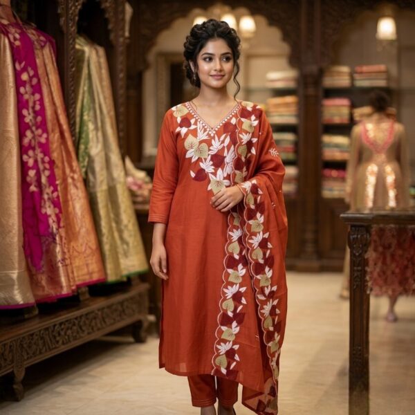Rust Red Floral Embroidery Kurta Set with Designer Dupatta