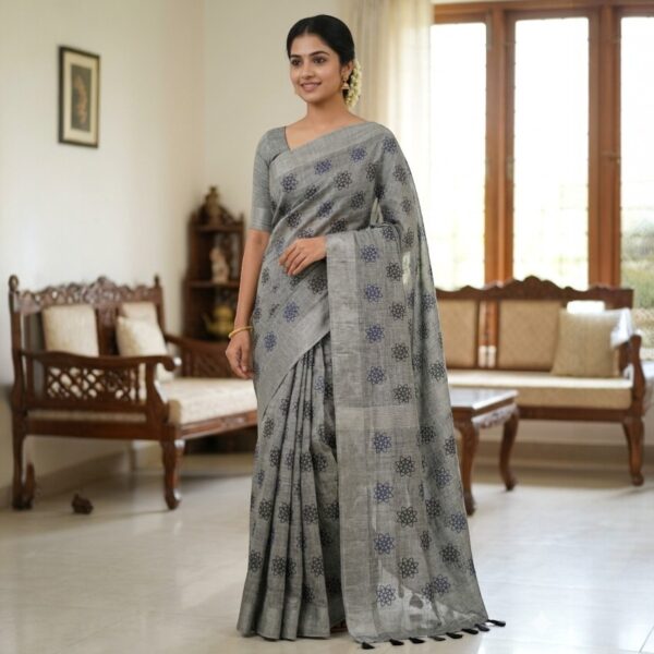 Elegant Floral Motif Linen Cotton Saree