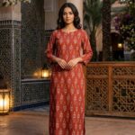 Rust Red Ikat Printed Straight Kurta