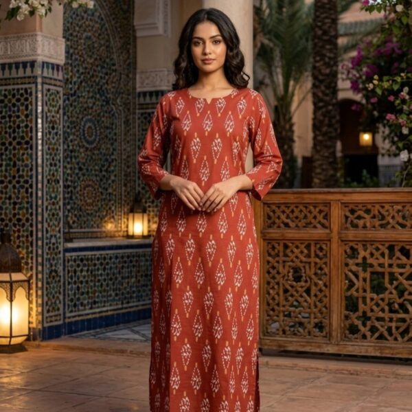 Rust Red Ikat Printed Straight Kurta
