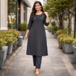 Charcoal Grey Self-Striped Beads Embroidery Kurti