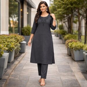 Charcoal Grey Self-Striped Beads Embroidery Kurti