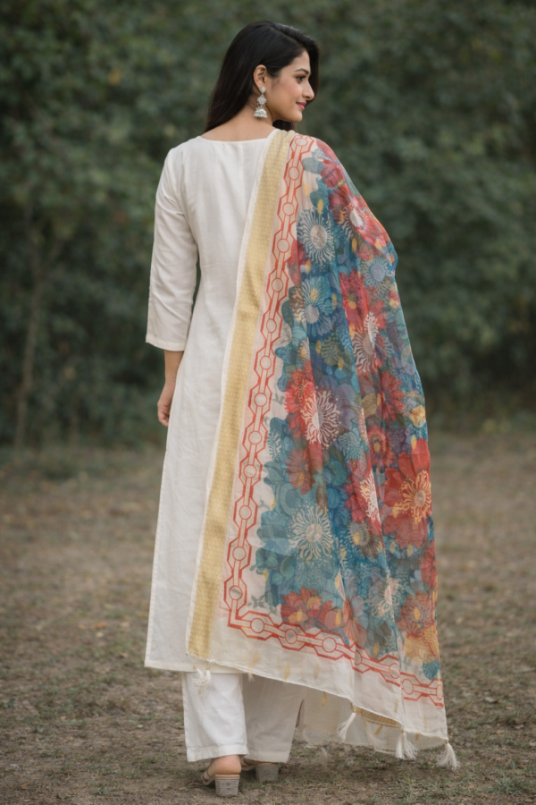 Elegant White Embroidery Kurta Set with Floral Dupatta