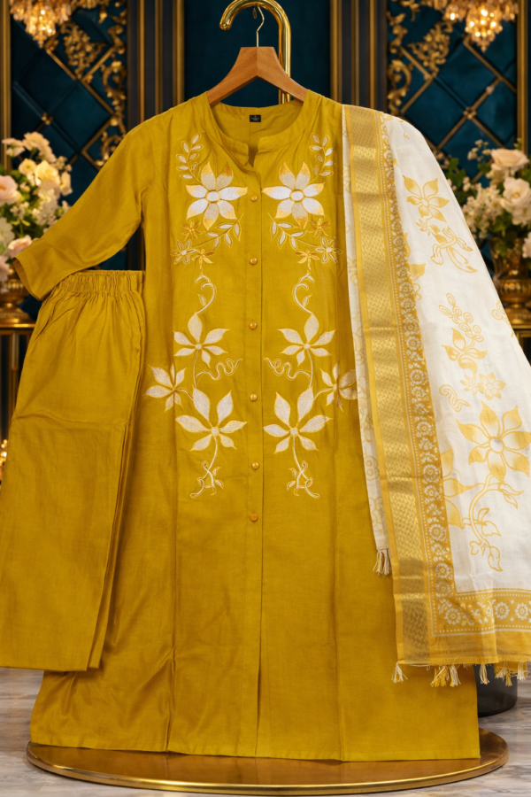 Mustard Floral Embroidery Kurta Set