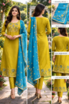 Teal-Ochre Bloom Embroidery Kurta Set