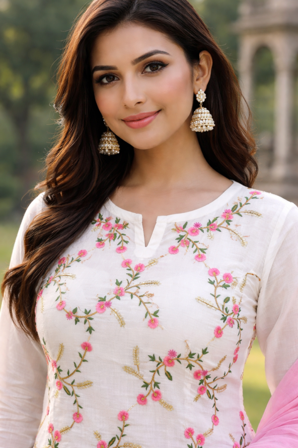 Ivory Floral Printed Kurta Pant Set with Pink Dupatta