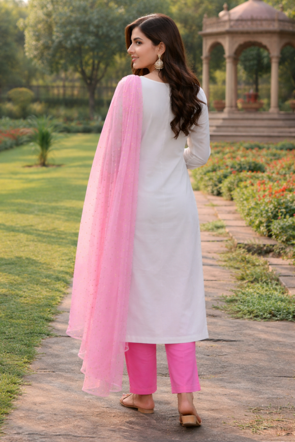 Ivory Floral Printed Kurta Pant Set with Pink Dupatta