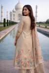 Beige Floral Batik Print With Hand Embroidery Chudidhar Set with Palazzo Hakoba Design