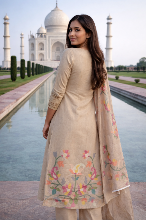 Beige Floral Batik Print With Hand Embroidery Chudidhar Set with Palazzo Hakoba Design