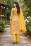 Sunshine Yellow  Floral Batik Print With Hand Embroidery Chudidhar Set with Palazzo Hakoba Design