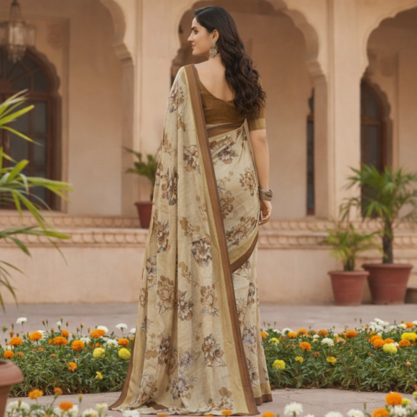 Beige Floral Printed Soft Silk Saree