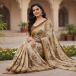 Beige Floral Printed Soft Silk Saree