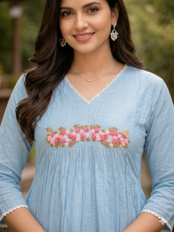 Sky Blue Cotton Slub Embroidery A-Line Kurta