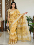 Golden Lotus Sibori Linen Cotton Saree