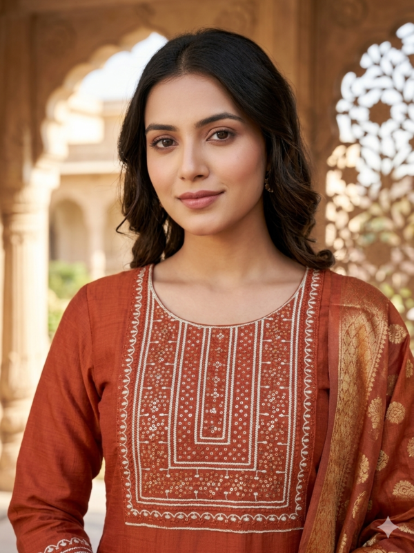 Rust Orange Embroidered Kurta Pant Set with Floral Dupatta