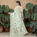 Mint Green Floral Printed Elegant  Tissue Silk Saree