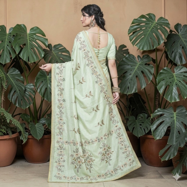 Mint Green Floral Printed Elegant  Tissue Silk Saree