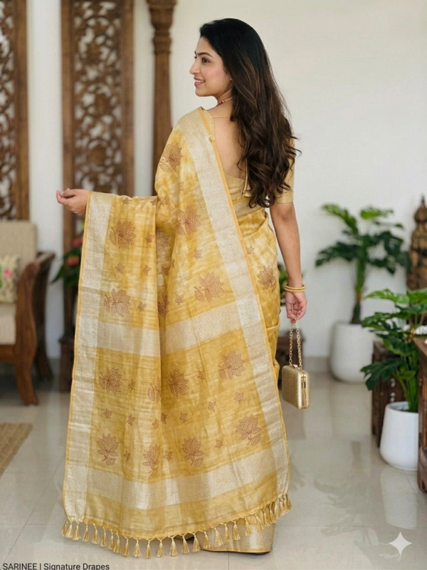 Golden Lotus Sibori Linen Cotton Saree