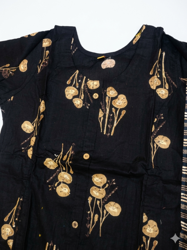 Midnight Bloom Block-Print Cotton Kurta with Striped Stole