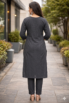 Charcoal Grey Self-Striped Beads Embroidery Kurti