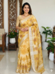 Golden Lotus Sibori Linen Cotton Saree