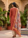 Rust Orange Embroidered Kurta Pant Set with Floral Dupatta